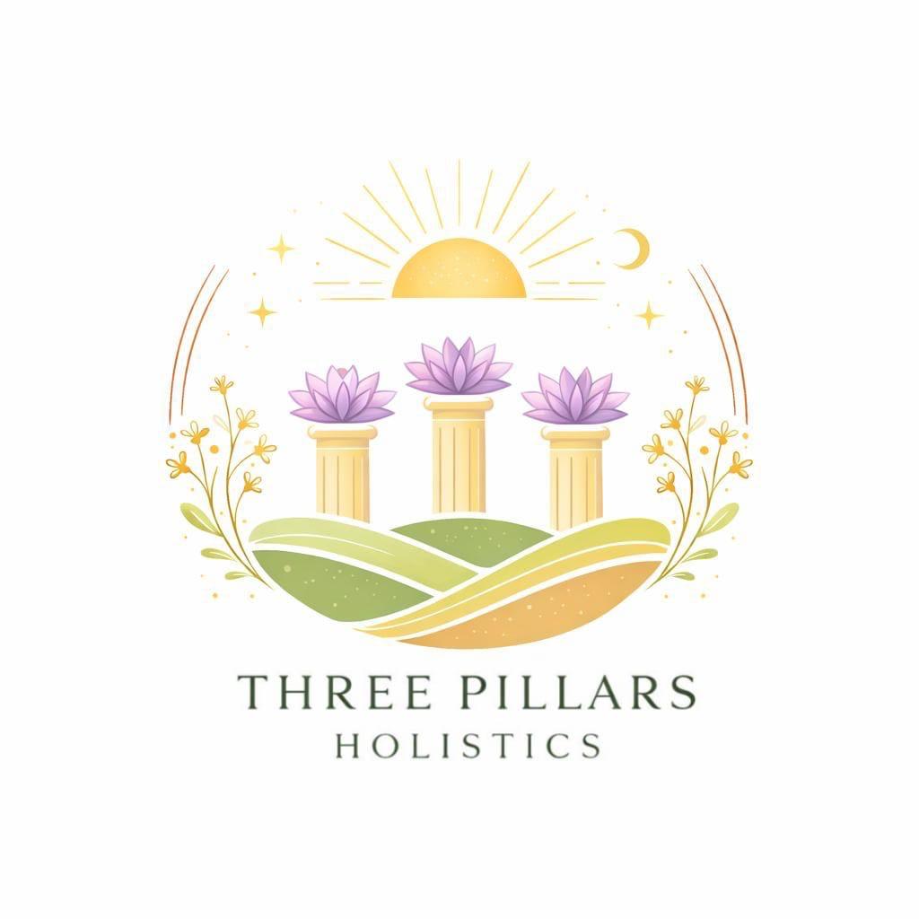 Three Pillars Holistics company logo showing the sunrise over 3 greek column style pillars surrounded by countryside